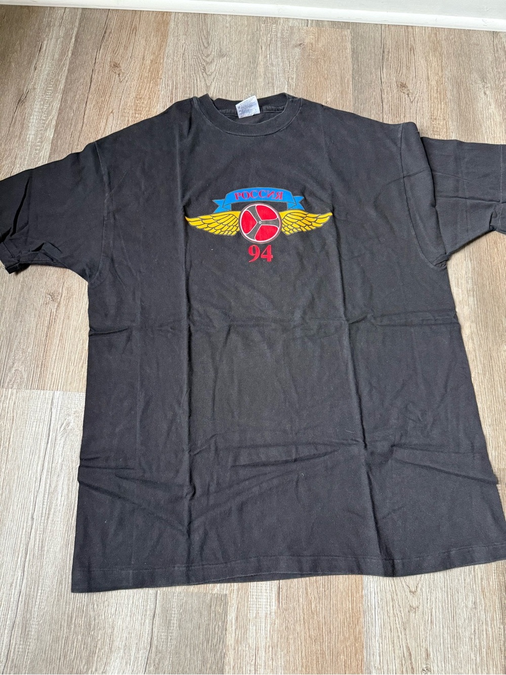 VTG 1994 Russian Graphic T-Shirt with Winged Emblem Black Size XL Rare
